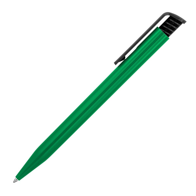 A gloss black clip plastic ballpoint pen in vibrant green, featuring a textured grip and a sleek design.