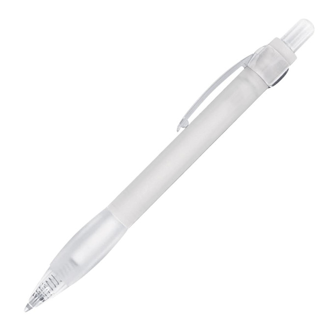 A ballpoint pen in a transparent and silver design, featuring a clip and a clear cap.