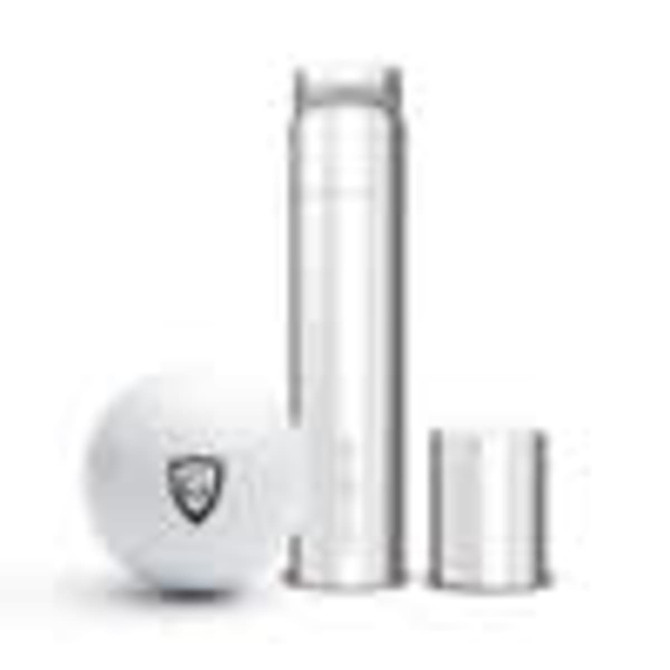 A golf ball stamp with a black round imprint, accompanied by a white golf ball and a silver storage tube.