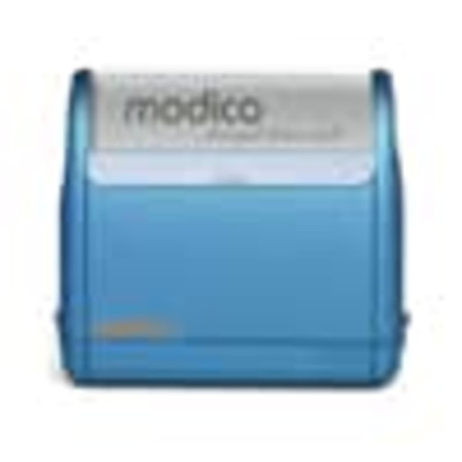 A blue Modico 5 stamp with a grey top and a logo, designed for imprinting.