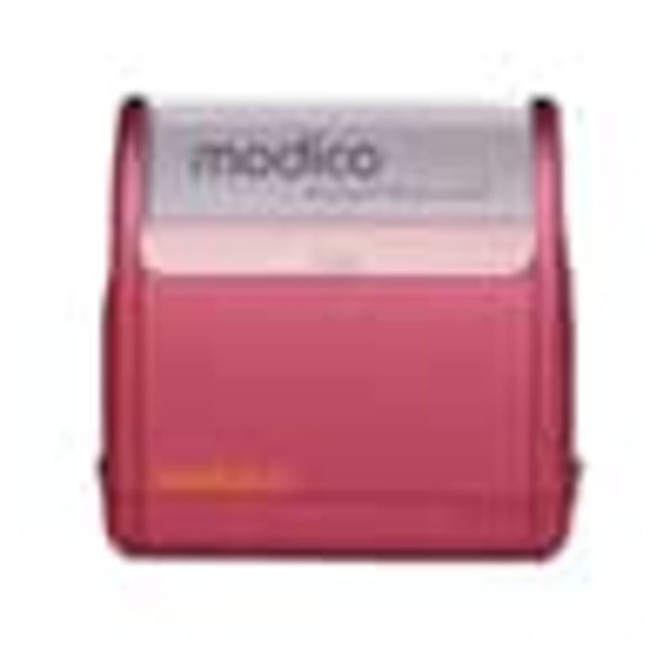 A red Modico 6 stamp with a clear top, featuring a branding logo on the front.