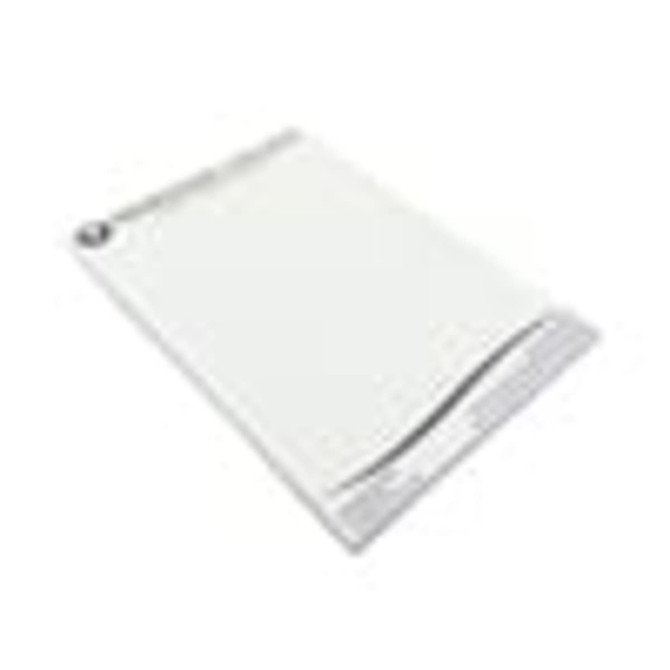 A notepad in a clean, white design with a slight curve at the bottom and a logo in the corner.