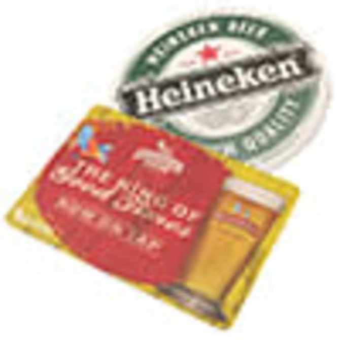A round green and white coaster with a logo, and a rectangular yellow and red coaster with a glass of beer illustration.