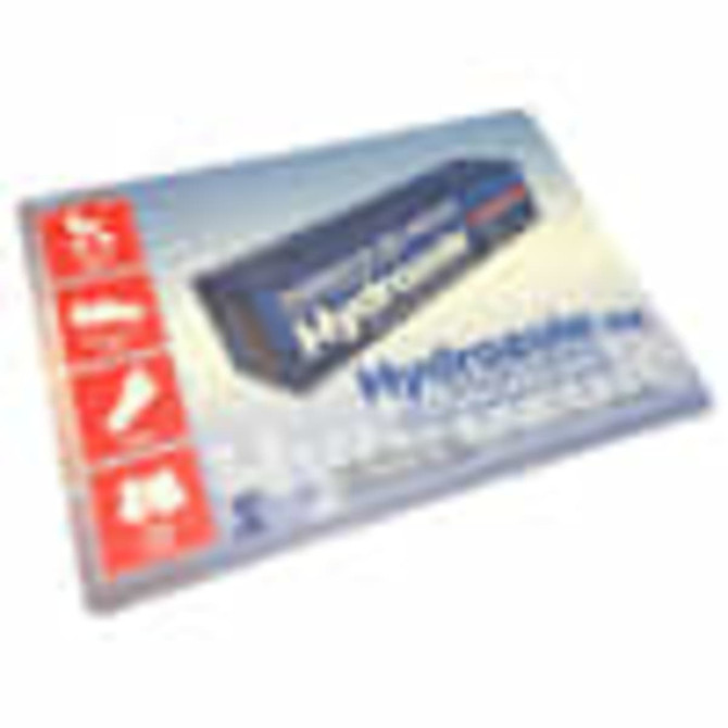 A rectangular counter mat in blue and white, featuring branding and product information.