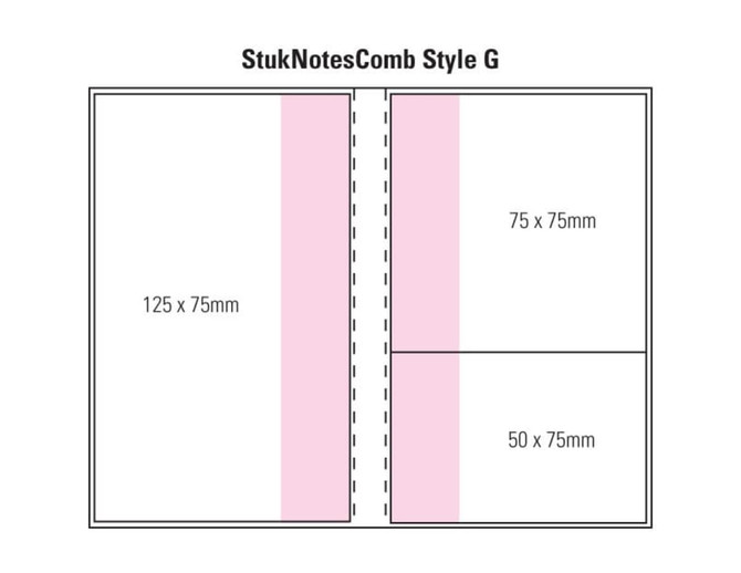 A layout graphic featuring a combination pad design with dimensions for sections in pink and black outlines.