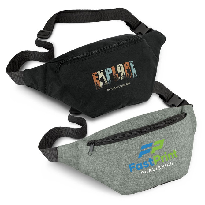 Two Byron Belt Bags in black and grey, featuring zippers and adjustable straps, with logos on the front.