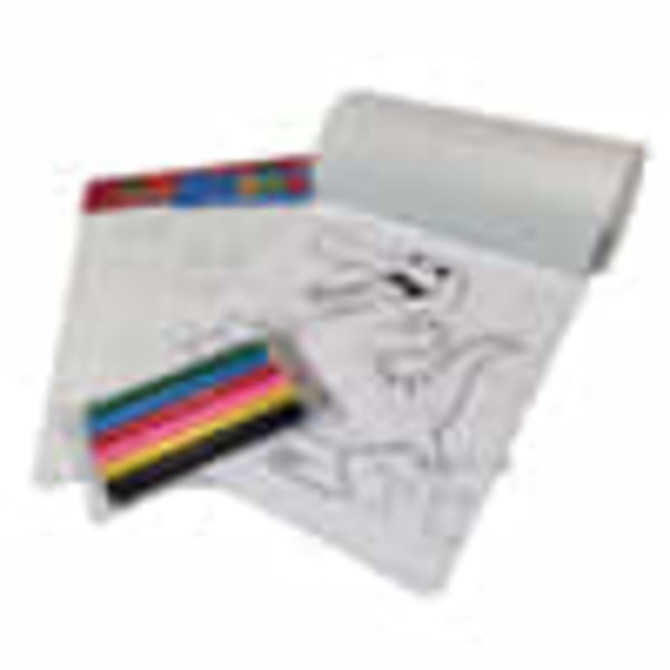 A roll of colouring paper featuring outlines, with a set of coloured markers in vibrant hues.