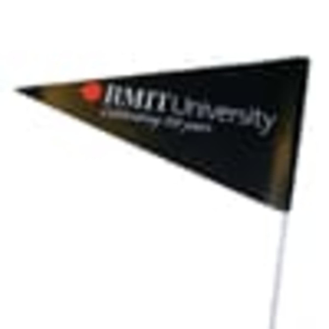 A triangular black pennant flag featuring a logo and text related to RMIT University on a white pole.