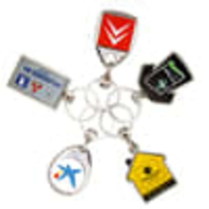 A collection of metal key rings in various shapes and colours, featuring a logo on each ring. Bulk packed for easy distribution.