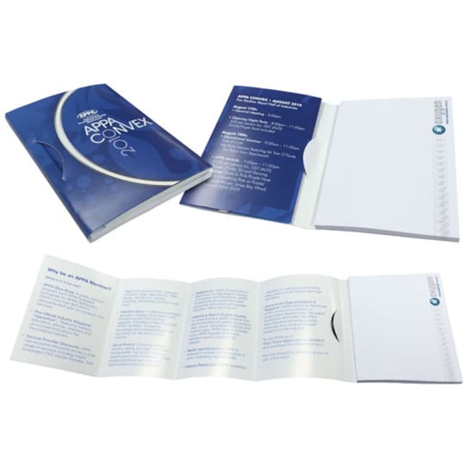 A blue promotional pamphlet with a cover, featuring blank note pages inside and a branding logo.