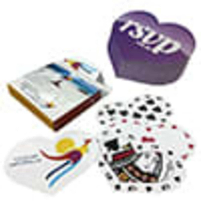 A set of heart-shaped playing cards in a purple box, featuring colourful designs on the cards.