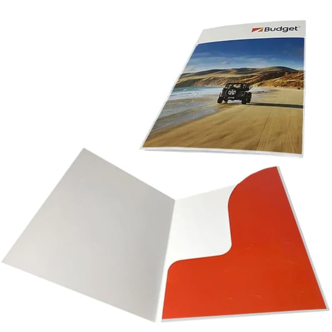 A4 digital presentation folder in white and red with a pocket, featuring a scenic beach cover and a logo.