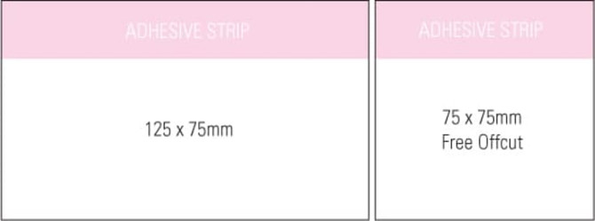 A notepad featuring a pink header, with dimensions of 125x75mm and 75x75mm, including an adhesive strip.