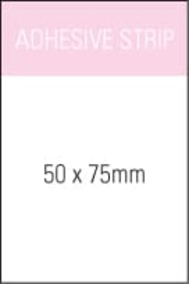 A notepad featuring 50 sheets, measuring 50 x 75 mm, with an adhesive strip and a branding logo.