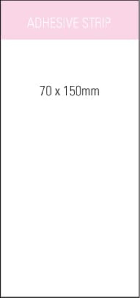 A notepad in white, measuring 70x150mm, featuring an adhesive strip. Includes a logo.