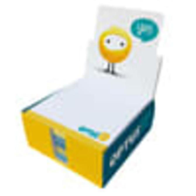 A box containing printed pads, featuring a colourful design with a logo, predominantly in white and blue.