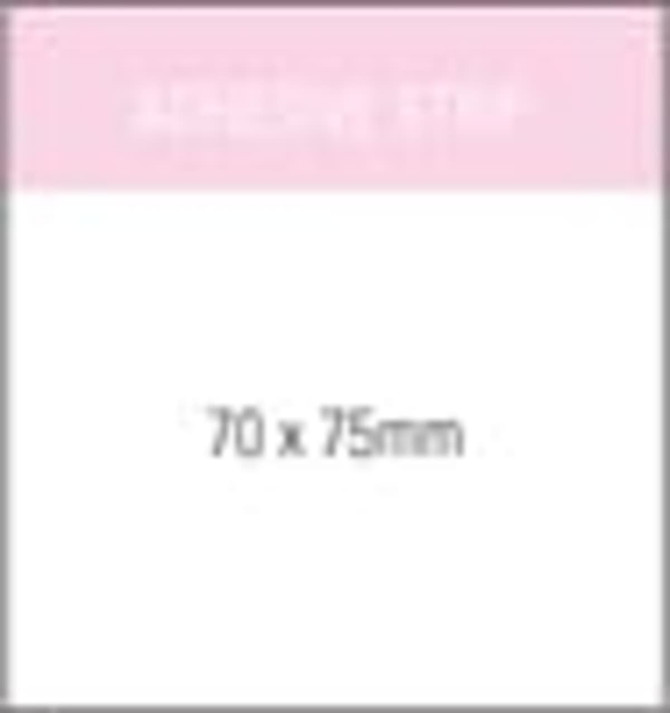 A notepad in white with a pink header, measuring 70x75mm, featuring a logo. It has 50 leaves.