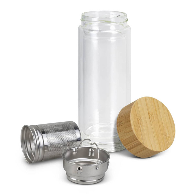 A drink bottle with a clear glass body, stainless steel infuser, and a bamboo lid. It features a logo.