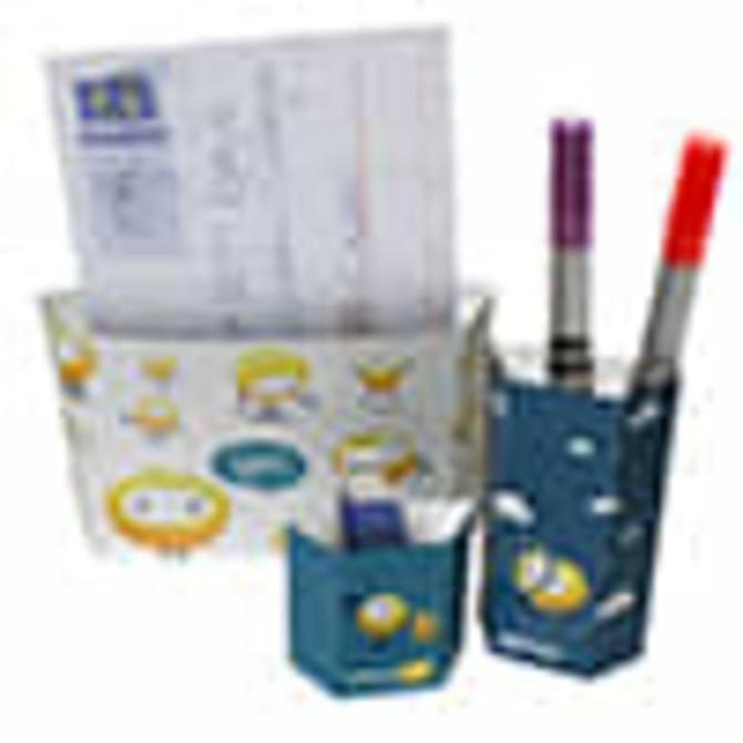 Two teal and white magnetic holders for office supplies, with pens and documents inside. Contains a logo.