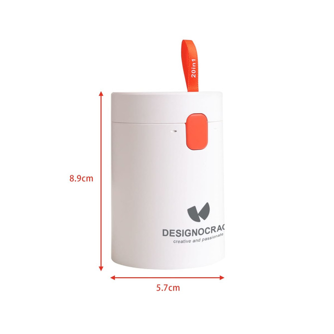 A white cleaning kit container with an orange button and a looped handle, featuring a logo. Dimensions are provided.