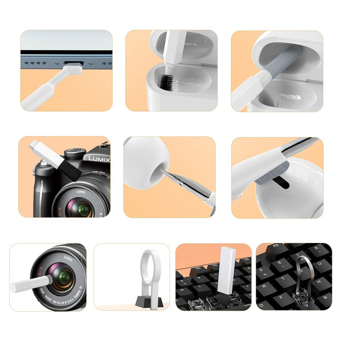 A collection of cleaning tools in white, including brushes and cloths, suitable for technology devices and accessories.