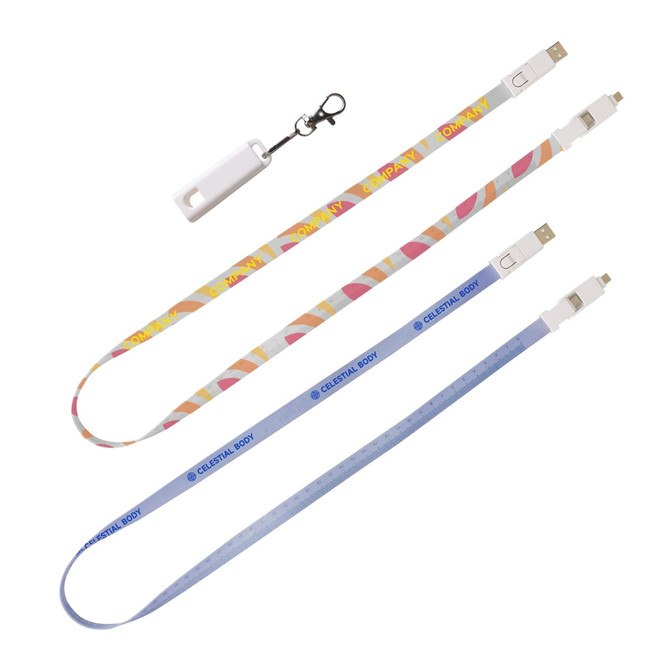 A colourful 6 in 1 polyester lanyard charging cable with multiple connectors and a clip for attachment.