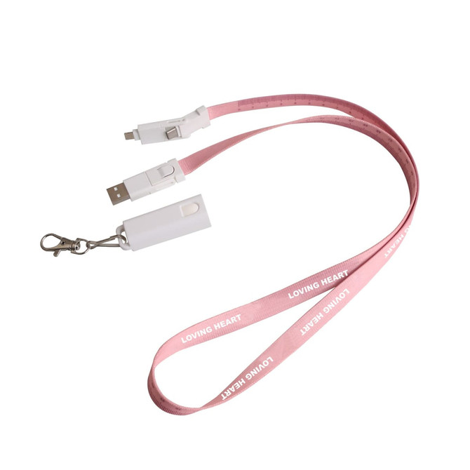 A pink polyester lanyard featuring a USB charging cable with multiple connectors and a clip attachment.