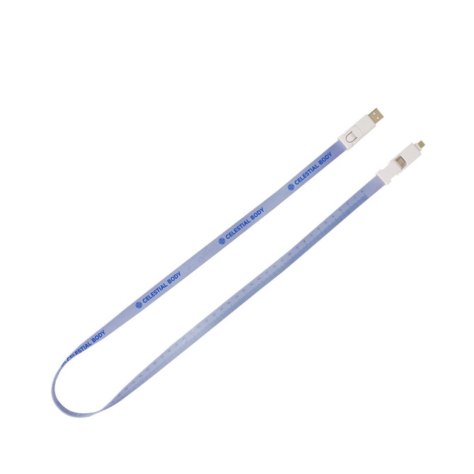 A blue polyester lanyard charging cable with multiple connectors and a logo.