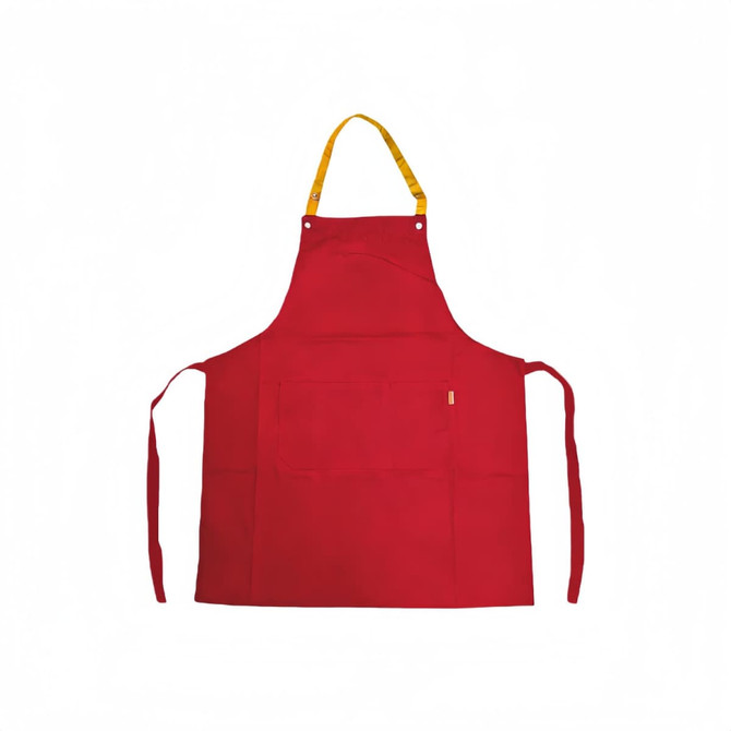 A red poly-cotton canvas bib apron with a yellow neck strap and pockets, featuring a logo.