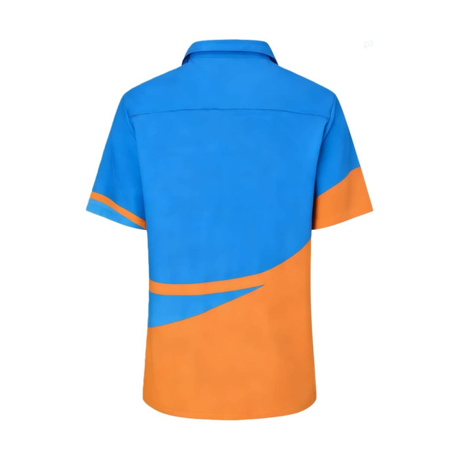 A short-sleeved shirt in blue and orange with a logo on the back and a stylish design.