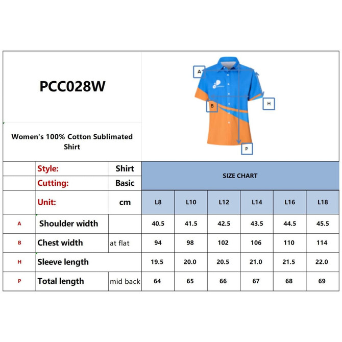 A women's 100% cotton shirt in blue and orange with a collared neckline and short sleeves, displaying sizing information.