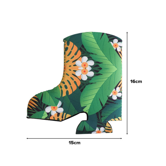 A drink bottle holder in the shape of a green boot, decorated with tropical leaves and flowers.