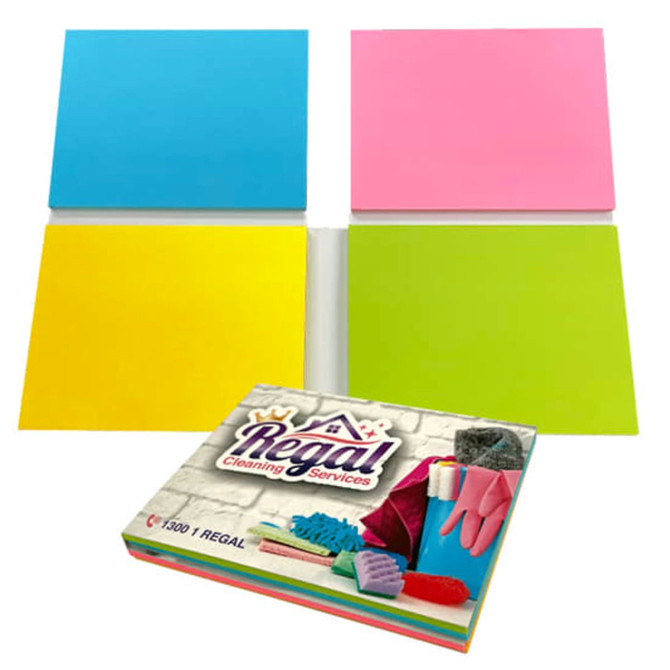 A combination of sticky note pads in blue, pink, yellow, and green, alongside a branded box featuring cleaning supplies.