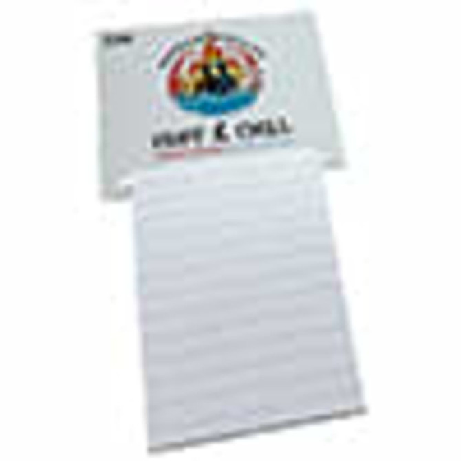 A notepad with a white lined pad and a colourful branded header. It features a magnetic backing for easy attachment.