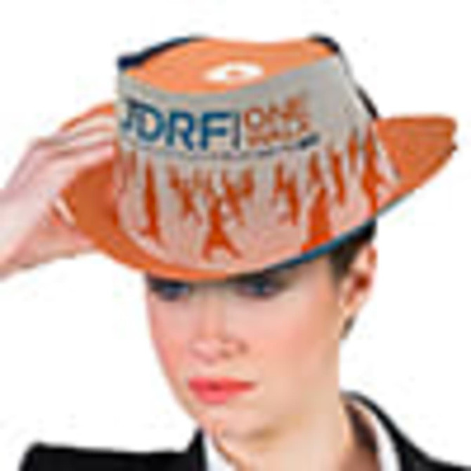 A promotional hat in orange and grey, featuring a logo, worn by a model with a neutral expression.