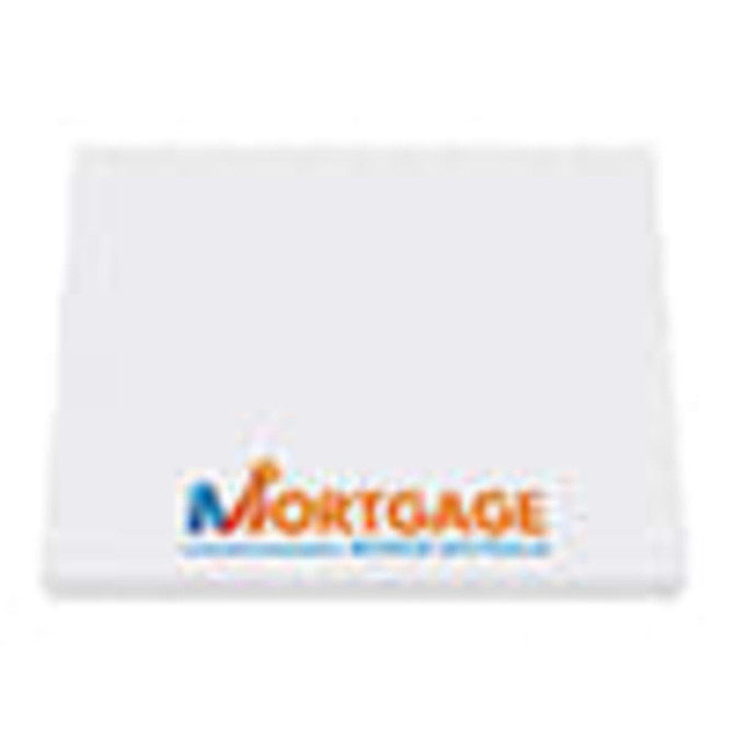 A white notepad with a logo in vibrant colours at the bottom. Designed for office and business use.