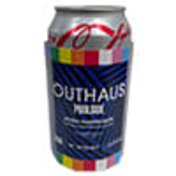 A drink can in a multicoloured disposable stubby holder. The holder has an abstract design and a logo.