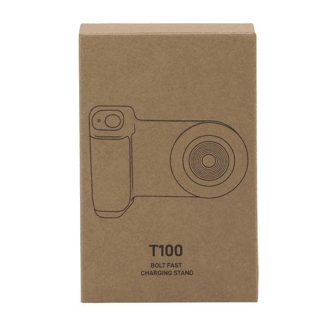 A brown cardboard box containing a wireless charger, featuring a simple line drawing of the product on the front.
