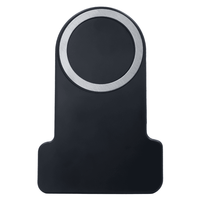 A black wireless charger with a metallic circular charging area and a sleek, minimalist design.