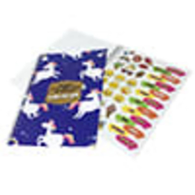 A children's activity book featuring a colourful unicorn design and a sheet of stickers with various fun illustrations.