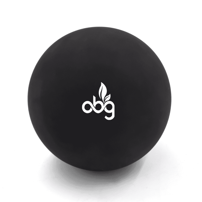 A black high bounce ball with a logo. The surface appears smooth and rounded, ideal for fun and games.