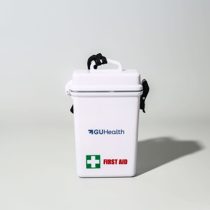 A waterproof white first aid kit with a black handle and logo, featuring a red cross symbol on the front.