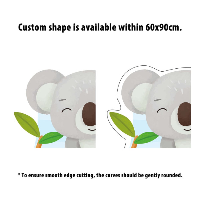 A koala character with a green leaf, shown in a cutout shape next to its standard form, featuring soft grey colours.
