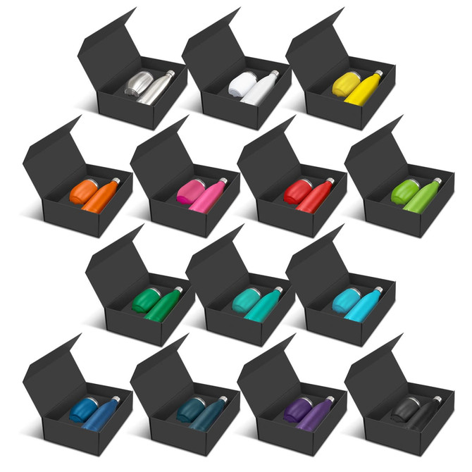 A vacuum gift set featuring various coloured drink bottles, each placed in a black box.
