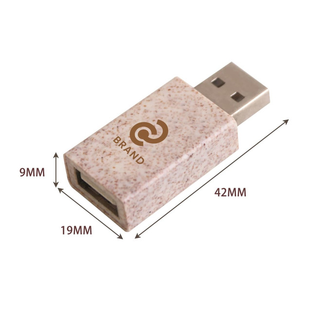 A Wheat Straw USB data blocker in a speckled beige colour with a branded logo. Dimensions included in image.