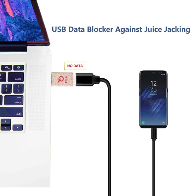 A Wheat Straw USB Data Blocker in beige connects a laptop to a smartphone via a black cable.