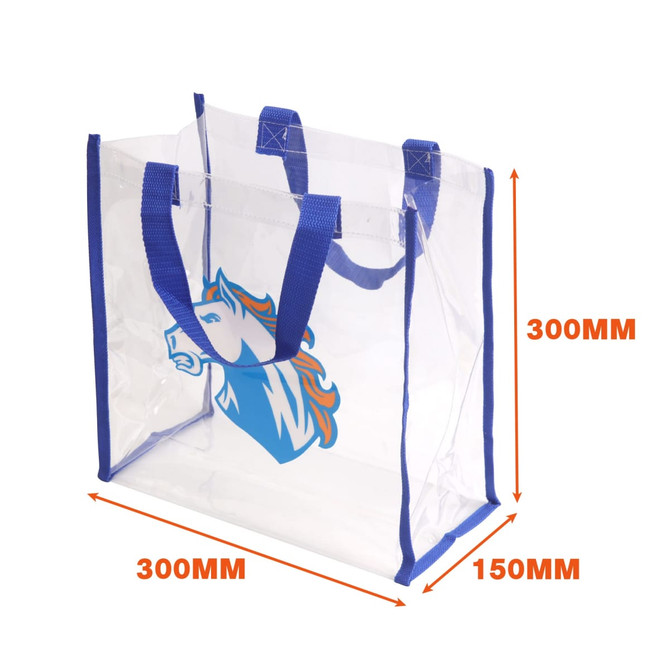 A clear tote bag with blue straps and a logo, measuring 300mm x 300mm x 150mm.