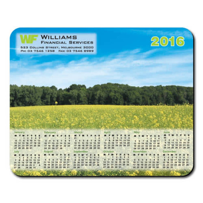 A counter mat featuring a scenic field of yellow flowers with a calendar for the year 2016 at the bottom. It has a logo.