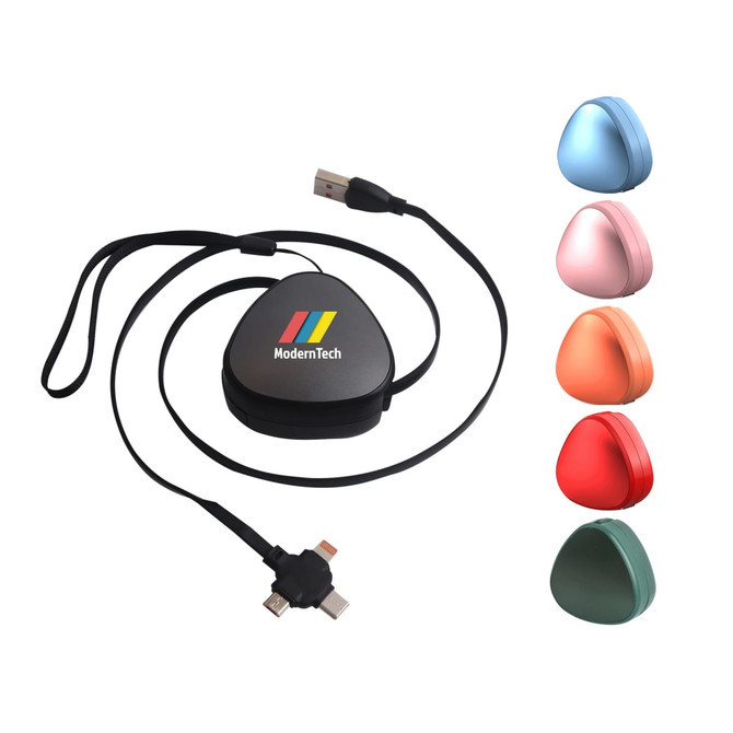 A portable 3-in-1 retractable charging cable in a triangular shape, available in multiple colours with a logo.