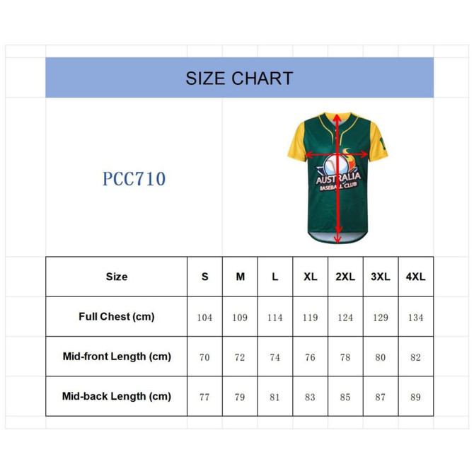 A size chart for a men's two-button baseball jersey featuring green and yellow colours, with measurements in centimetres.